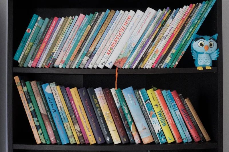 Haar boekenkast vol Nederlandse kinderboeken, met de knuffeluil