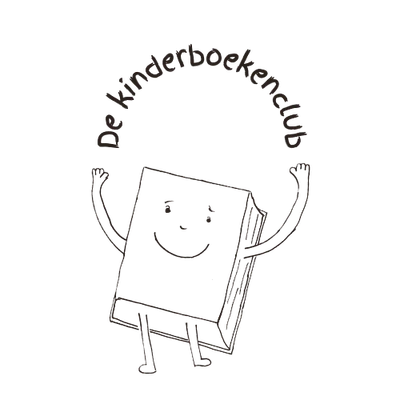 Logo van De kinderboekenclub: een getekend boek dat zijn armen in de lucht steekt